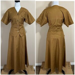 Vintage Apart Camel Brown Linen Maxi Skirt Set Size 4 XS XXS Safari Boho Neutral